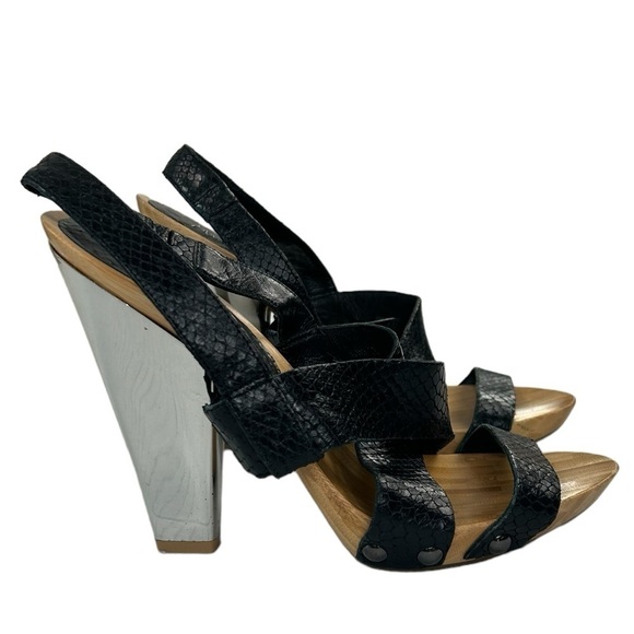Marciano Wooden Mirror Block Heel Crisscross Straps Black Snake Sandals SZ 7.5M - Picture 1 of 15